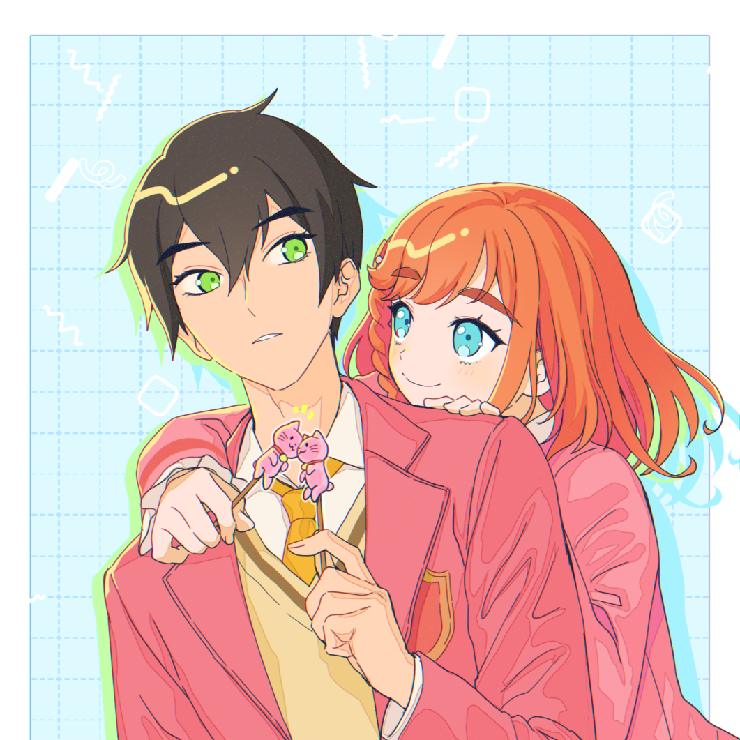1boy, 1girl, arm_over_head, blue_background, blue_eyes, braid, brown_hair, candy, closed_mouth, collared_shirt, food, green_eyes, hair_between_eyes, hand_on_another's_shoulder, hand_up, hands_up, hetero, hibino_matsuri, holding, holding_candy, holding_food, holding_lollipop, ibuki_touma, jacket, lollipop, long_hair, long_sleeves, looking_at_another, looking_back, necktie, orange_hair, oshiri_(o4ritarou), parted_lips, pink_jacket, pretty_series, shirt, short_hair, side_braid, smile, upper_body, vest, waccha_primagi!, white_shirt, yellow_necktie, yellow_vest