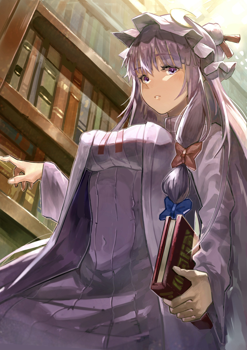 1girl, absurdres, adapted_costume, blue_bow, blunt_bangs, book, bookshelf, bow