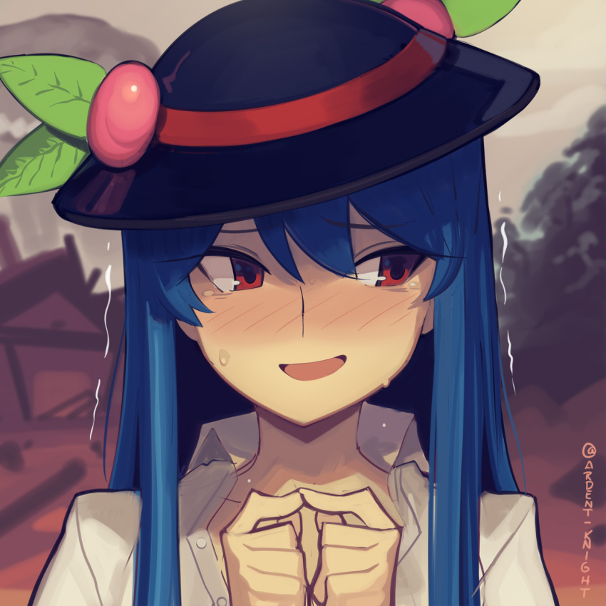 1girl, blue_hair, blush, boa_(brianoa), food, fruit, fruit_hat_ornament, hair_ornament, hat, highres, hinanawi_tenshi, leaf, leaf_hair_ornament, long_hair, nervous, nervous_smile, peach, peach_hat_ornament, portrait, red_eyes, scared, smile, solo, touhou, trembling, twitter, username