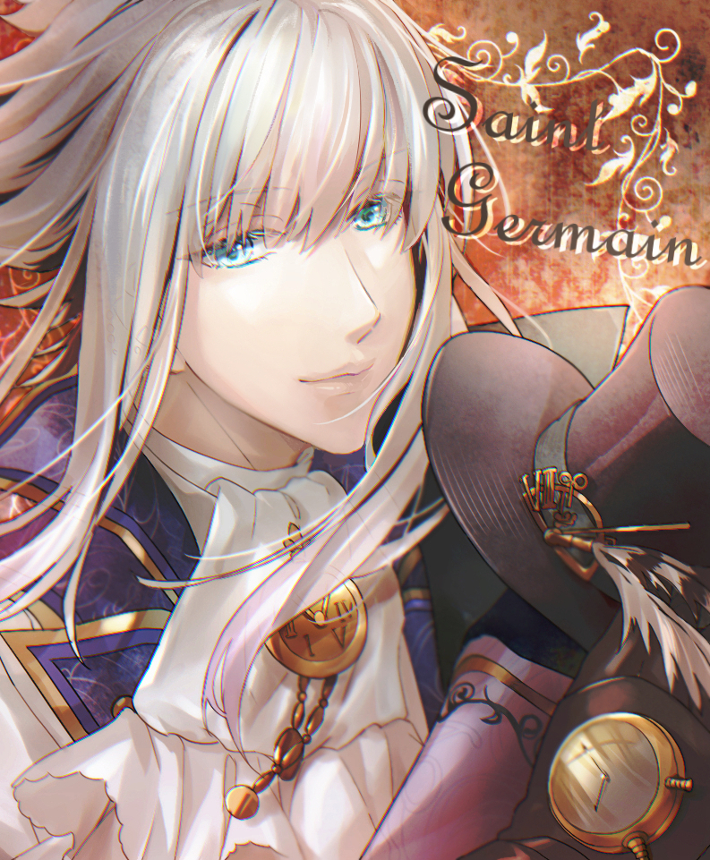 1boy, ascot, blue_eyes, brown_background, character_name, code:realize, gauge, gold_trim
