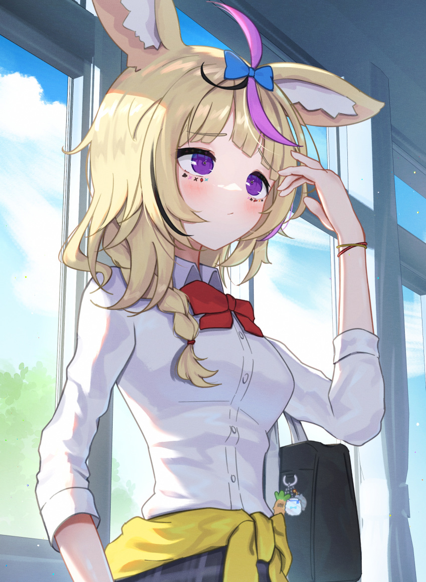 1girl, ahoge, alternate_costume, animal_ear_fluff, animal_ears, ao_ne, bag, bag_charm