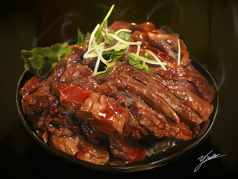 food, food_focus, meat, no_humans, original, plate, saito_yoshinobu, signature