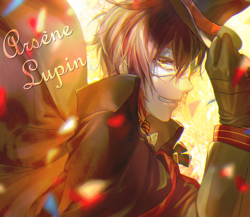 1boy, arsene_lupin_(code:realize), black_cape, black_gloves, black_headwear, blurry, bokeh, brown_hair