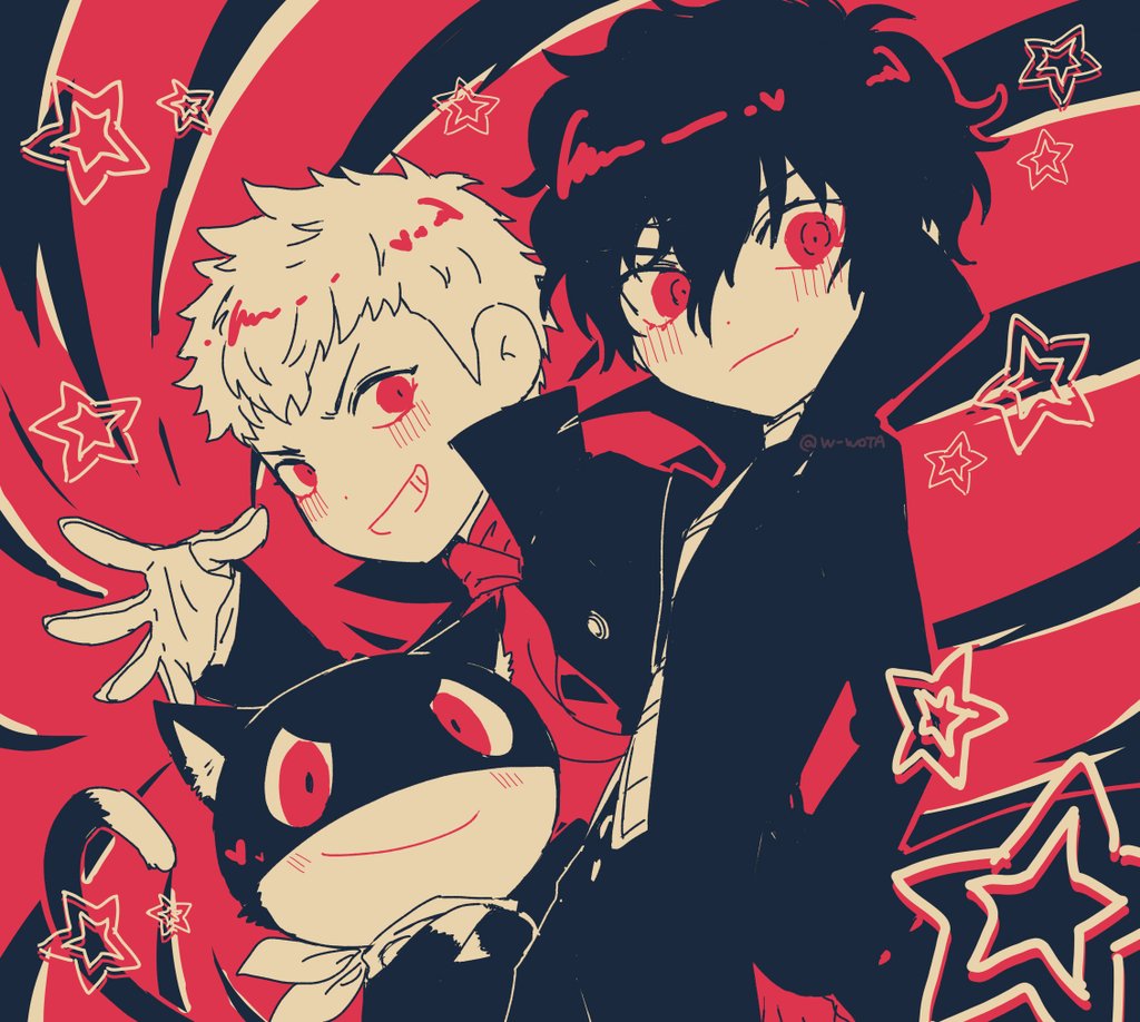 2boys, amamiya_ren, black_hair, blush, closed_mouth, coat, gloves, hair_between_eyes