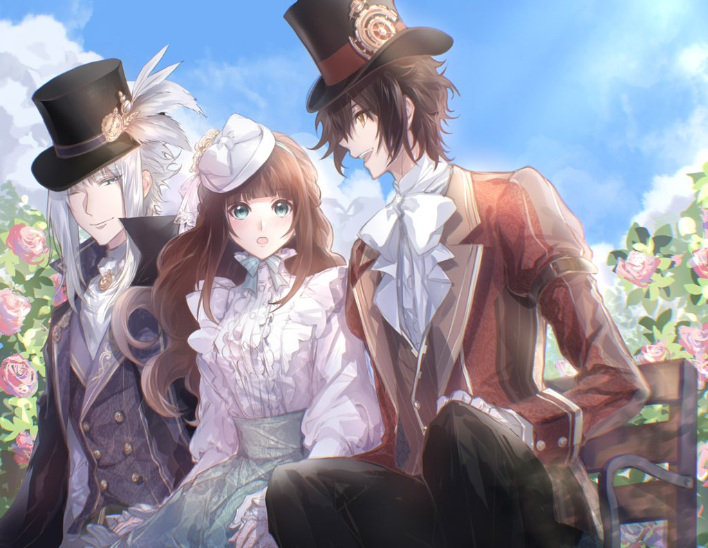 1girl, 2boys, arsene_lupin_(code:realize), bench, black_headwear, black_pants, bow, brown_eyes