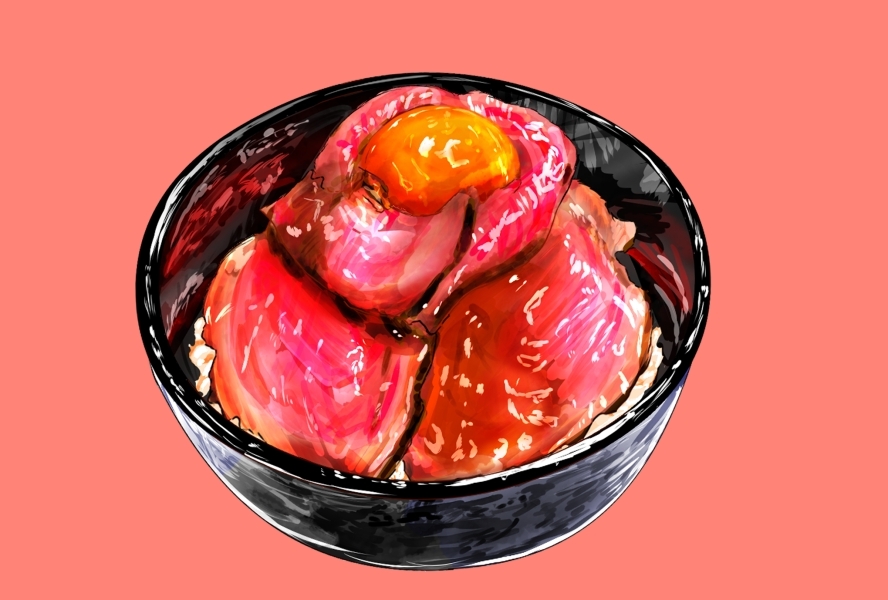 bowl, egg_(food), egg_yolk, food, food_focus, meat, mofumofu0311, no_humans, original, pink_background, rice, simple_background, still_life