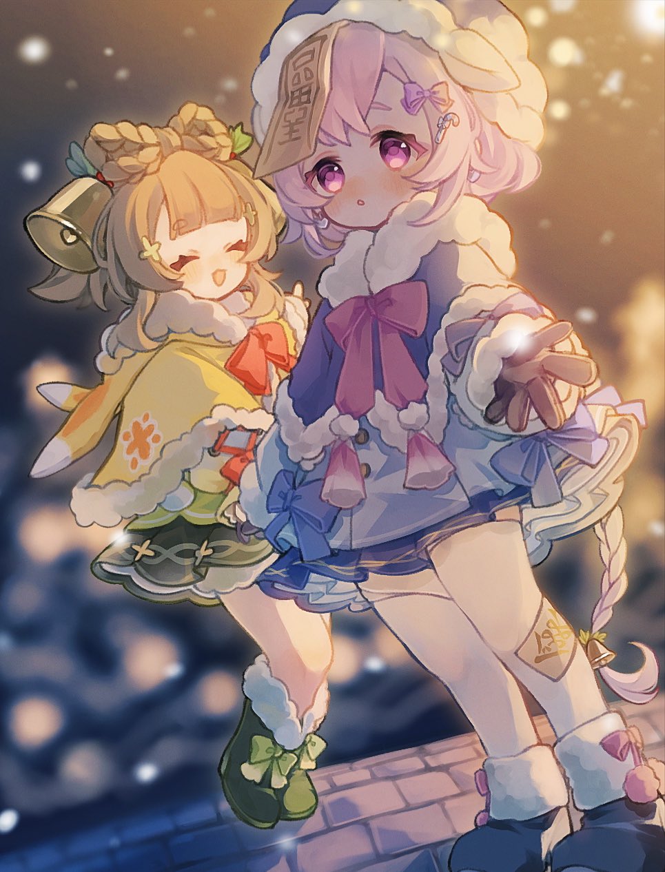 2girls, animal_hood, bell, black_footwear, black_gloves, blunt_bangs, blurry, blurry_background