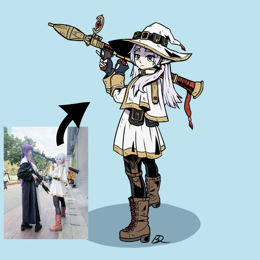 boots, elf, english_commentary, fingerless_gloves, frieren, gloves, green_eyes, gun