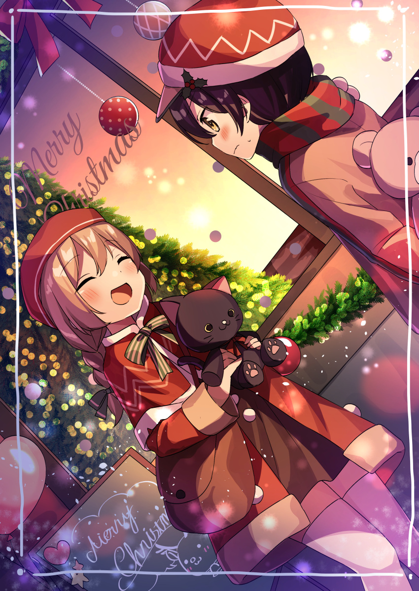 1boy, 1girl, absurdres, bag, black_hair, blush, braid, brown_hair, capelet, christmas, christmas_ornaments, closed_eyes, hair_ribbon, hat, highres, holding, holding_stuffed_toy, long_hair, long_sleeves, merry_christmas, open_mouth, original, outdoors, ribbon, sakura_nagi, scarf, short_hair, shoulder_bag, smile, striped, striped_ribbon, striped_scarf, stuffed_animal, stuffed_cat, stuffed_toy, sweat, teddy_bear, thigh-highs, tree, window, yellow_eyes