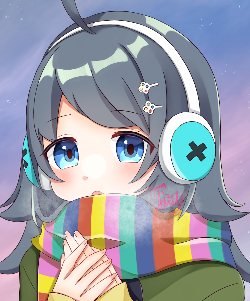 1girl, black_hair, blue_eyes, blush, breath, hair_ornament, hairclip, hands_on_own_chest