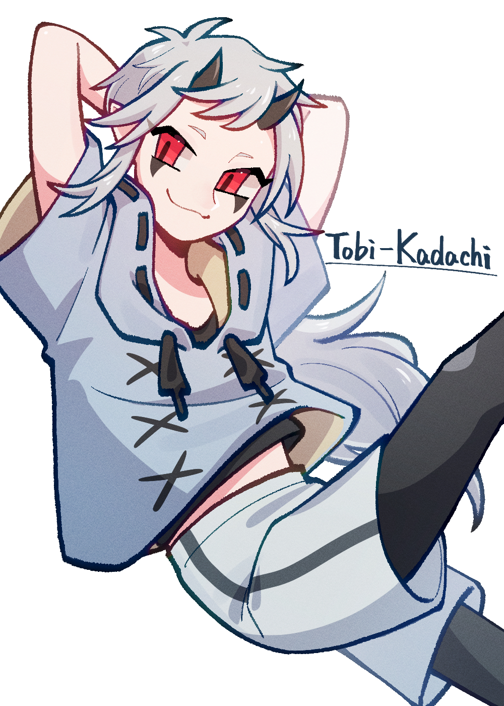 1boy, black_horns, black_leggings, character_name, closed_mouth, highres, hood, hoodie, horns, leaning_back, leggings, long_hair, looking_at_viewer, monster_hunter_(series), personification, pointy_ears, ponytail, red_eyes, shirt, shorts, single_vertical_stripe, smirk, solo, tobi-kadachi, triangle_facial_mark, user_ttug5452, white_hair