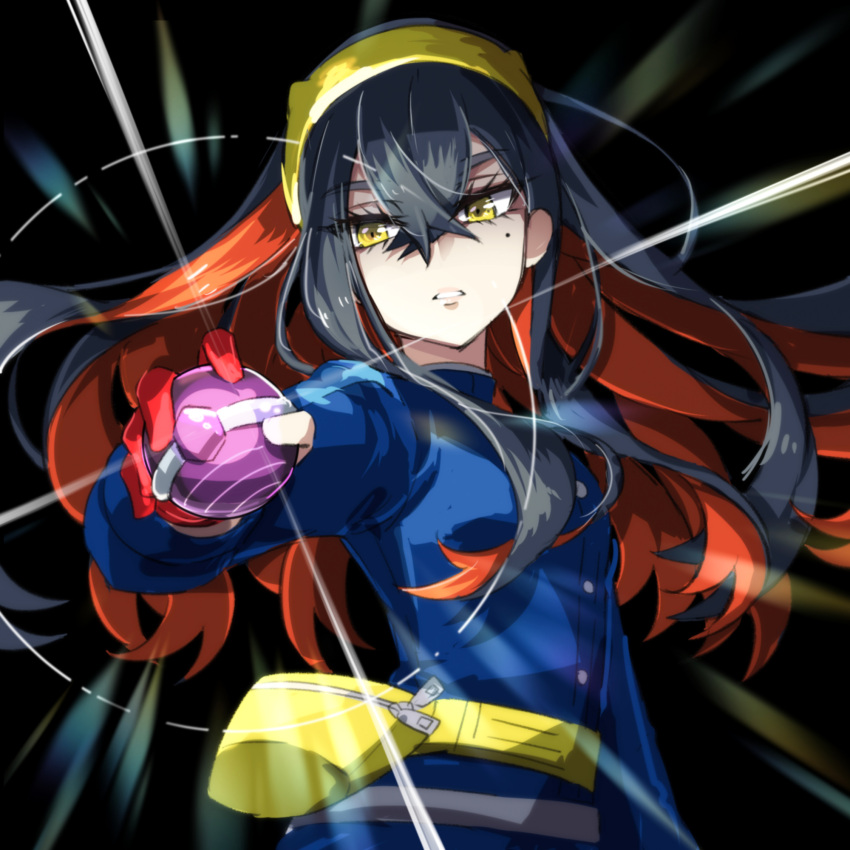 1girl, black_hair, blue_gakuran, blue_jacket, blueberry_academy_school_uniform, buttons, carmine_(pokemon), colored_inner_hair