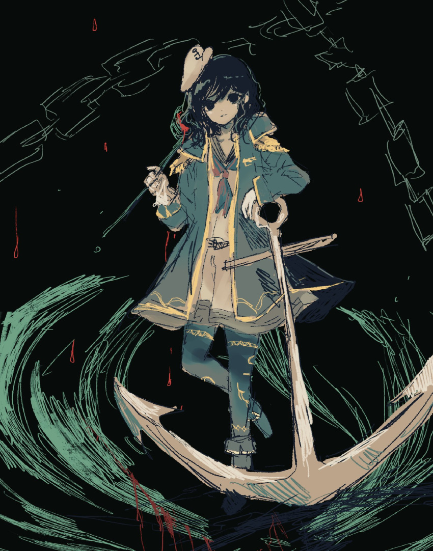 1girl, anchor, anchor_symbol, black_background, black_hair, green_jacket, highres, jacket