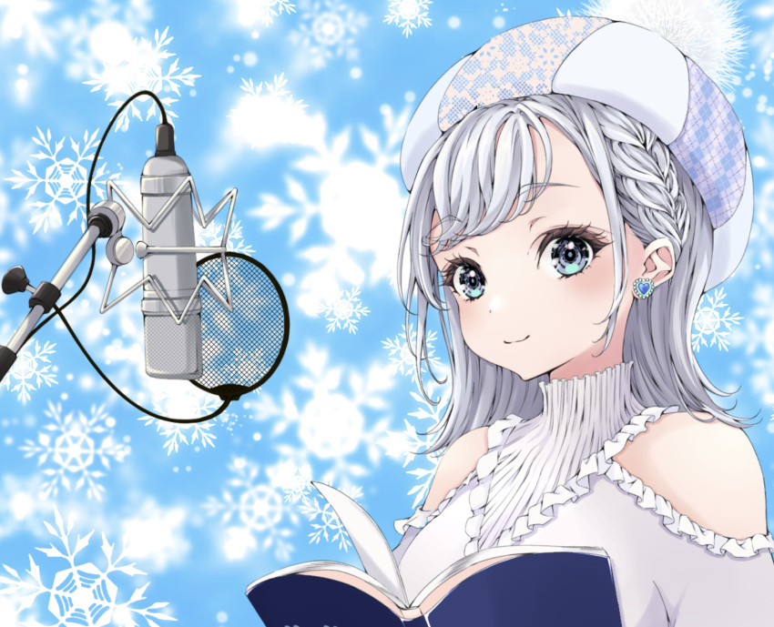 1girl, argyle, asumi_ririse, blue_eyes, blush, book, braid, clothing_cutout