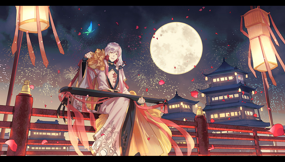 1boy, aerial_fireworks, architecture, black_border, black_sleeves, blue_butterfly, border, bug