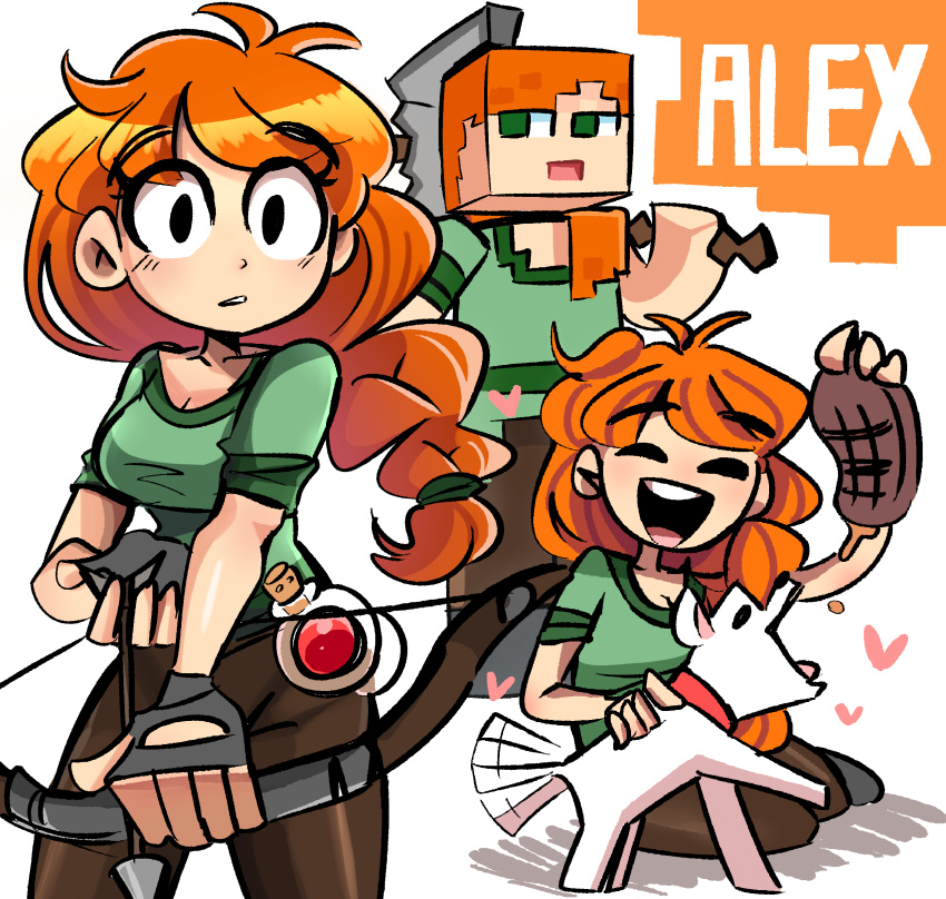 1girl, ^_^, absurdres, alex_(minecraft), bow_(weapon), breasts, character_name, closed_eyes