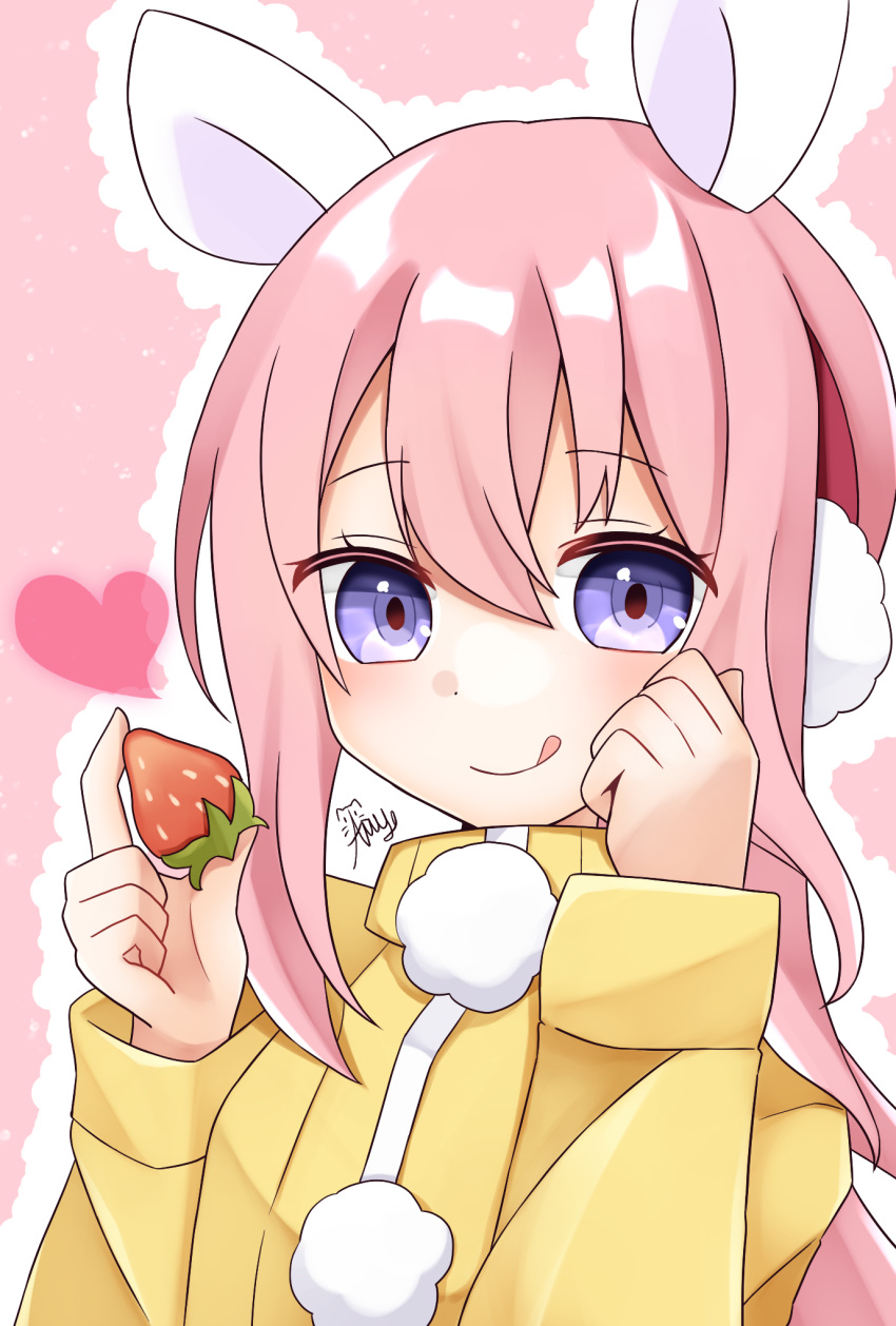 100_percent_orange_juice, 1girl, animal_ears, blush, earmuffs, food, fruit, heart