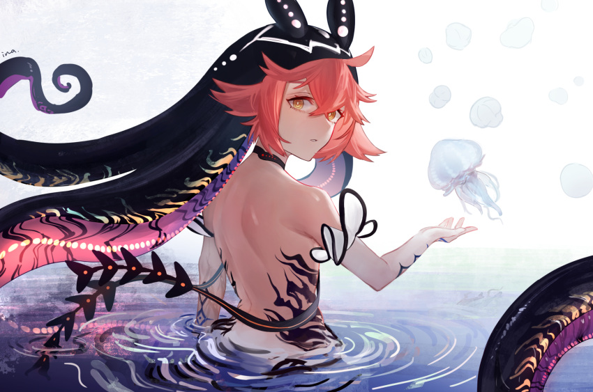 1girl, artist_name, bare_back, bare_shoulders, bioluminescence, black_choker, bright_pupils, choker