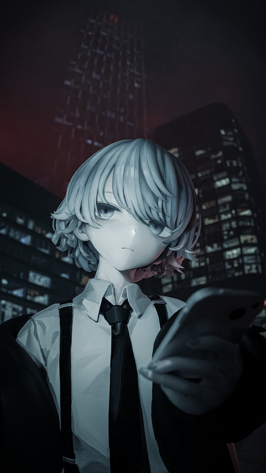 1boy, absurdres, black_jacket, black_necktie, building, cellphone, closed_mouth, collarbone
