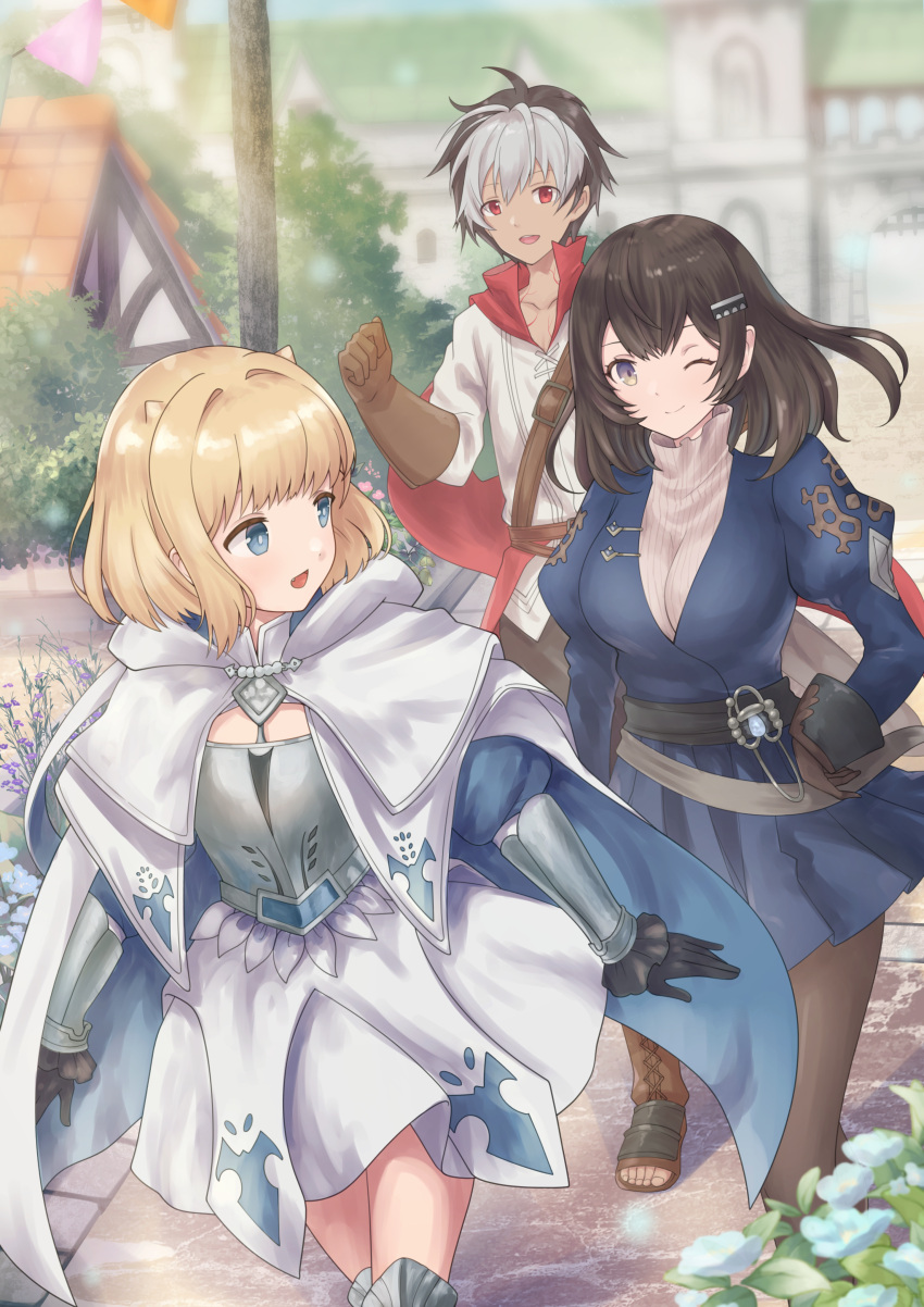 1boy, 2girls, absurdres, armor, blonde_hair, blue_eyes, breasts, brown_dust_2