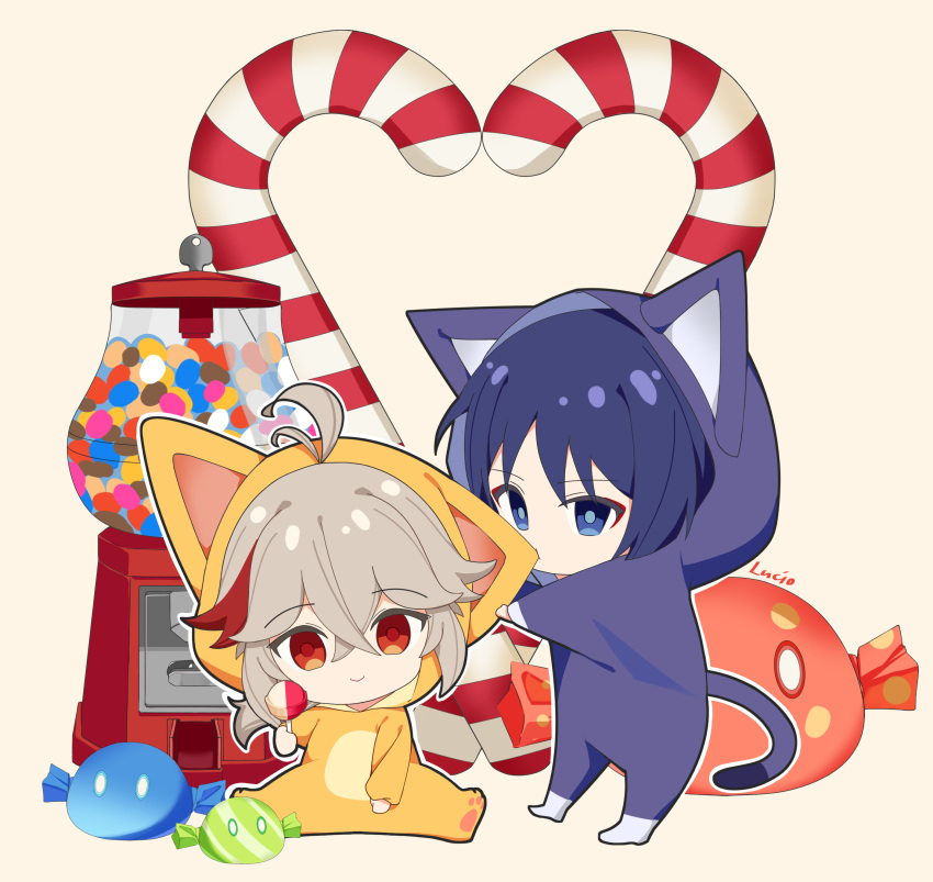 absurdres, animal_costume, animal_ears, antenna_hair, biting, blue_eyes, blue_hair, candy