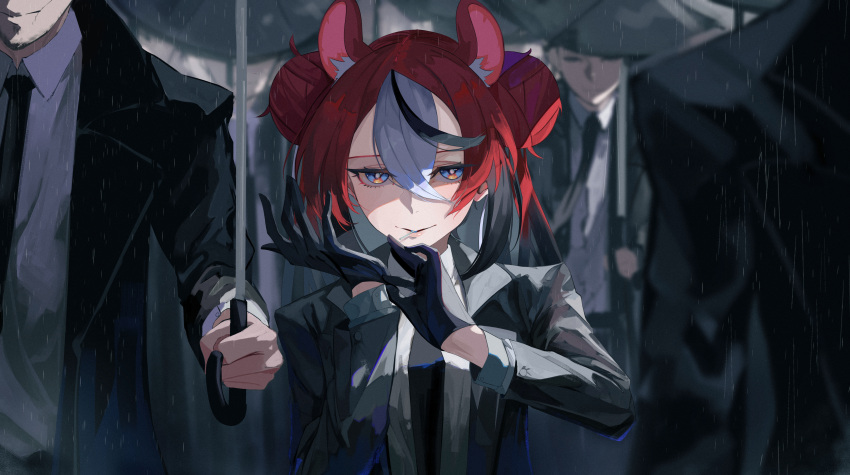 1girl, 4boys, absurdres, adjusting_clothes, adjusting_gloves, animal_ears, black_hair, black_jacket