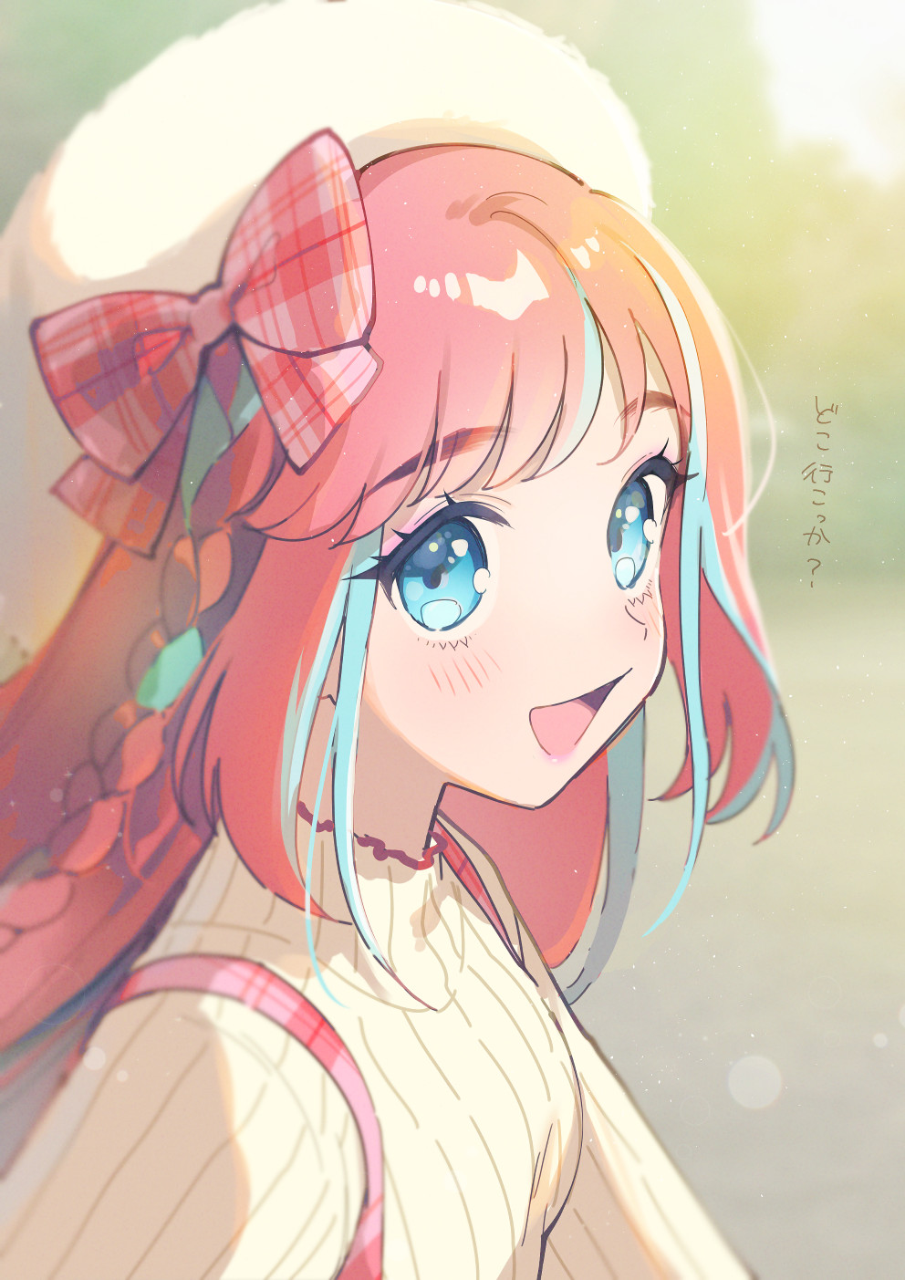 1girl, :d, blue_eyes, blue_hair, blurry, blurry_background, blush, bow