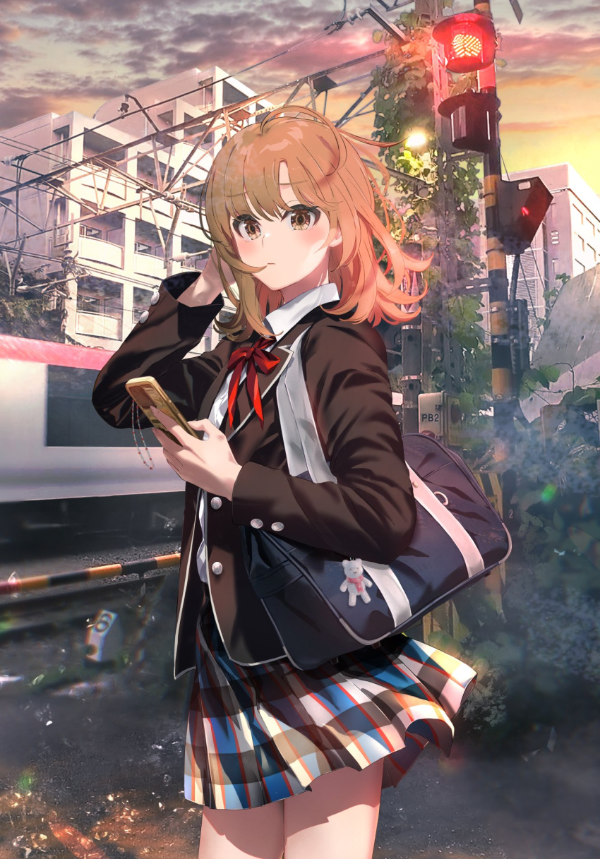 1girl, ahoge, bag, bag_charm, black_jacket, blazer, blue_bag, blush, boom_barrier, brown_eyes, brown_hair, building, cellphone, charm_(object), closed_mouth, collared_shirt, evening, hand_in_own_hair, hand_up, highres, holding, holding_phone, house, isshiki_iroha, jacket, long_sleeves, looking_at_viewer, medium_hair, neck_ribbon, open_clothes, open_jacket, outdoors, overhead_line, phone, plaid, plaid_skirt, plant, pleated_skirt, ponkan_8, power_lines, railroad_crossing, railroad_signal, railroad_tracks, red_ribbon, ribbon, road, school_bag, school_uniform, shirt, shoulder_bag, skirt, sky, smartphone, sobu_high_school_uniform, solo, standing, utility_pole, white_shirt, yahari_ore_no_seishun_lovecome_wa_machigatteiru.