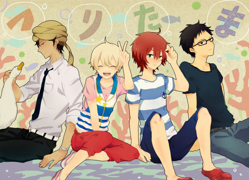 4boys, akira_agarkar_yamada, anchor_print, belt, bird, black_hair, black_necktie, black_pants