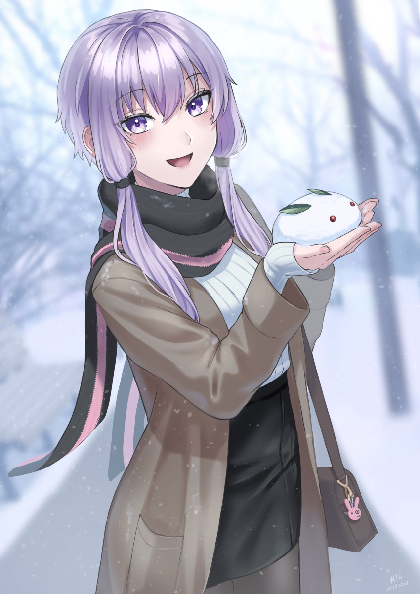 1girl, absurdres, bag, bag_charm, bare_tree, blurry, blurry_background, blush