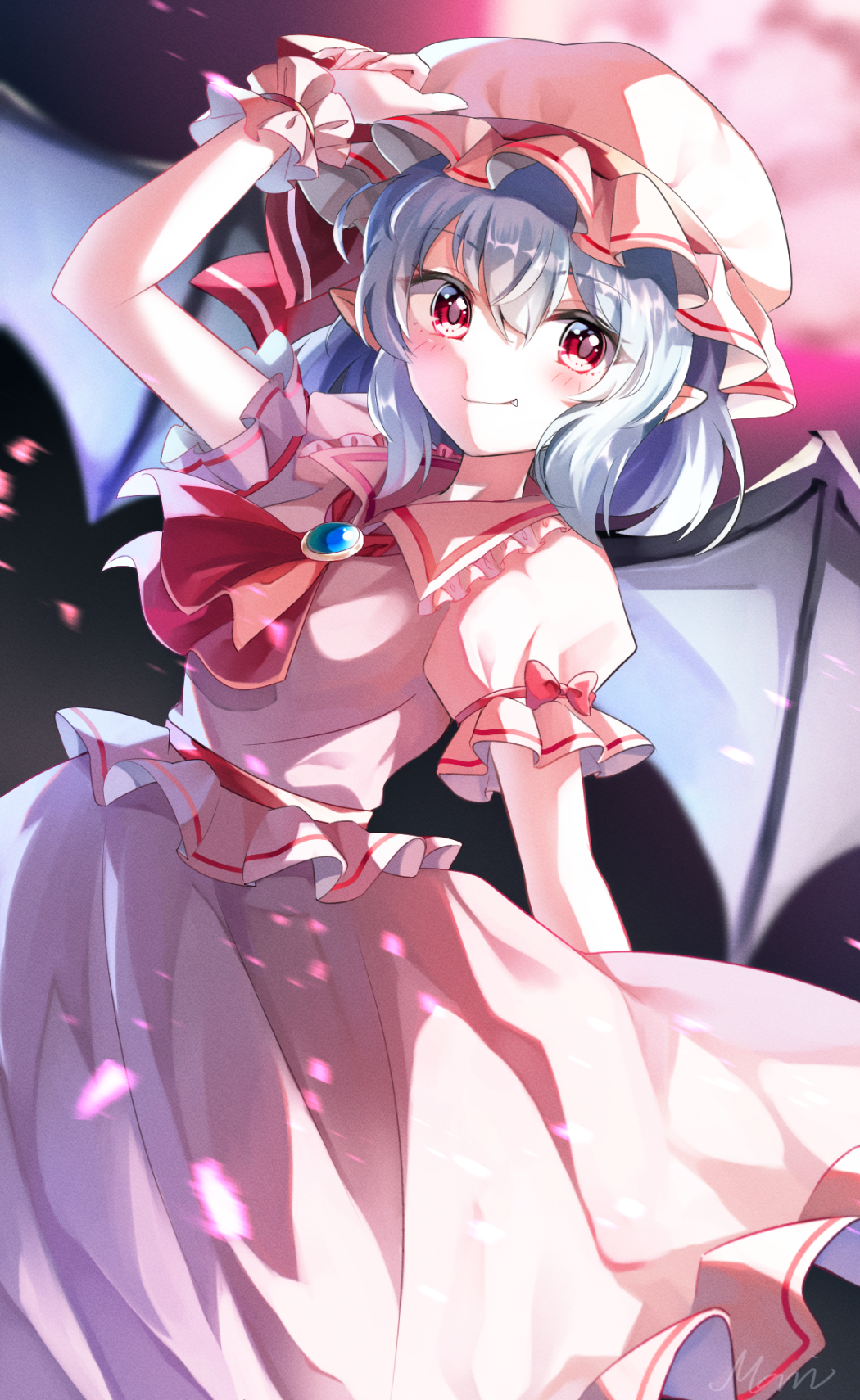 1girl, arm_up, ascot, bat_wings, blue_hair, blush, brooch, collared_dress