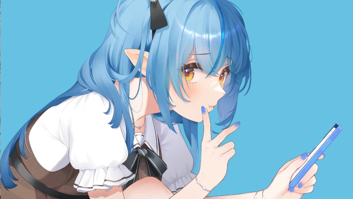 1girl, black_bow, black_bowtie, blue_background, blue_hair, blue_nails, blush, bow
