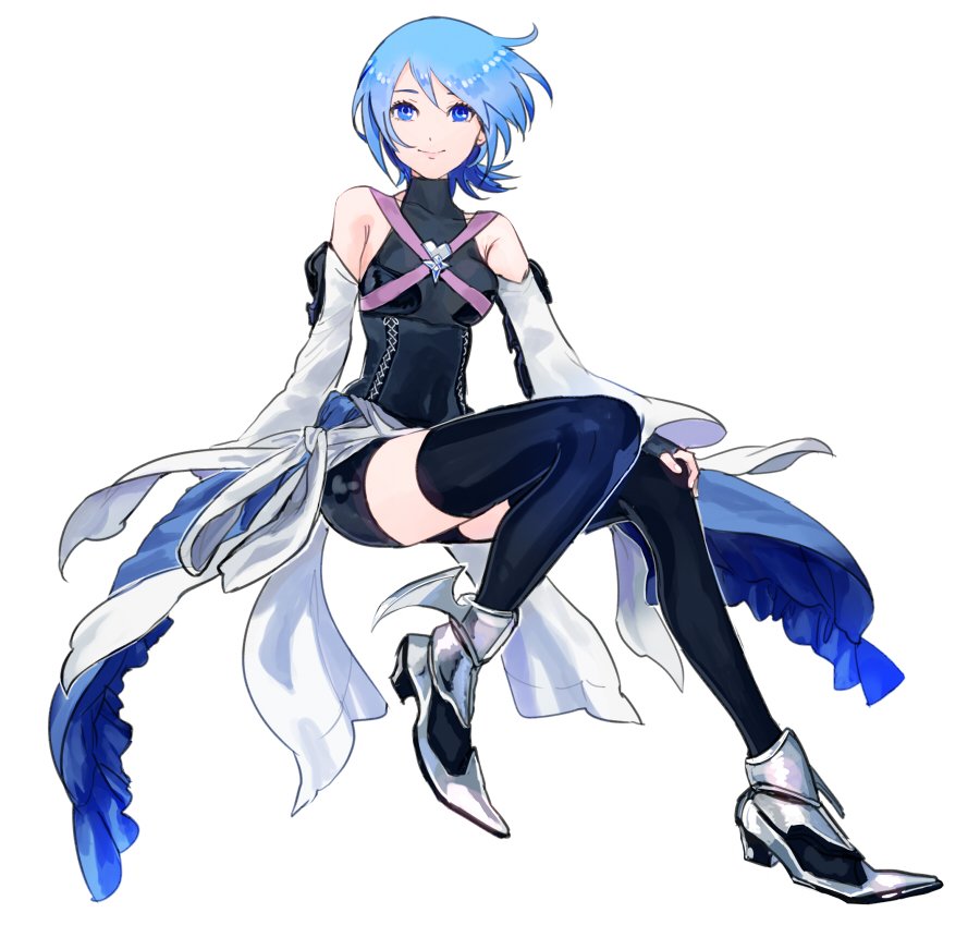 1girl, aqua_(kingdom_hearts), armored_boots, black_gloves, black_leotard, black_thighhighs, blue_eyes, blue_hair
