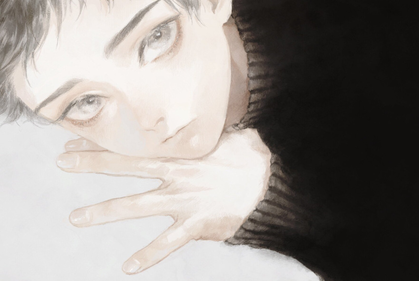 1boy, black_sweater, closed_mouth, eyelashes, grey_background, grey_eyes, hand_up, highres