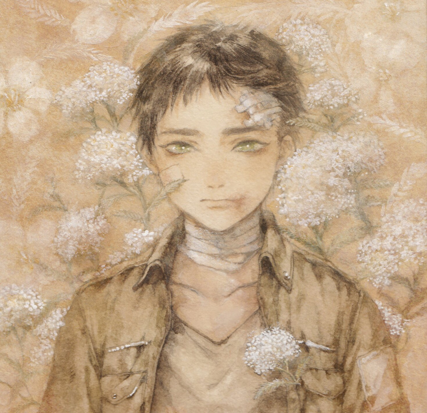 1boy, bags_under_eyes, bandaged_neck, bandages, bandaid, bandaid_on_cheek, bandaid_on_face, bandaid_on_forehead