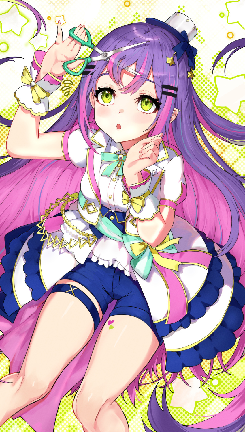 1girl, absurdres, blue_shorts, blush, bow, bowtie, colored_inner_hair, colored_tips