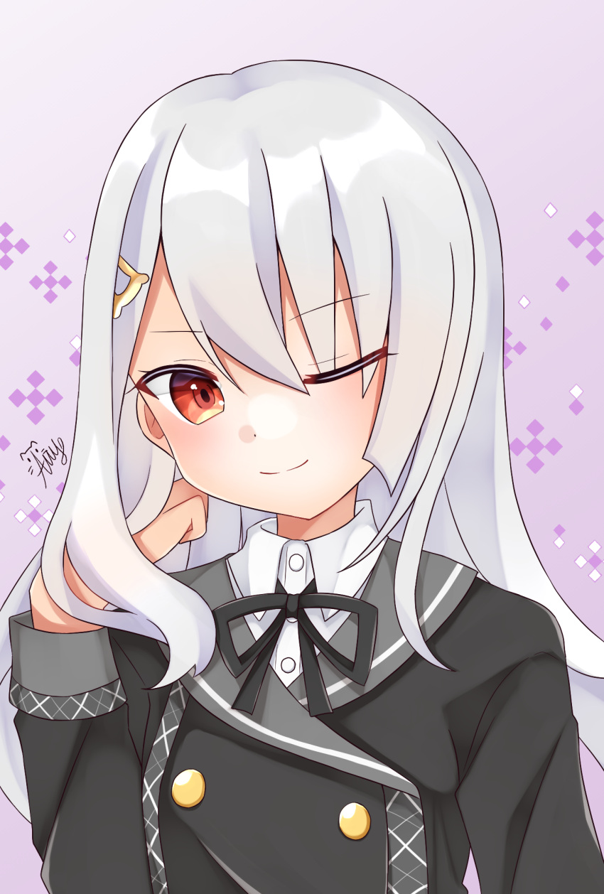 1girl, blush, buttons, collared_shirt, double-breasted, hair_ornament, hand_on_own_cheek, hand_on_own_face