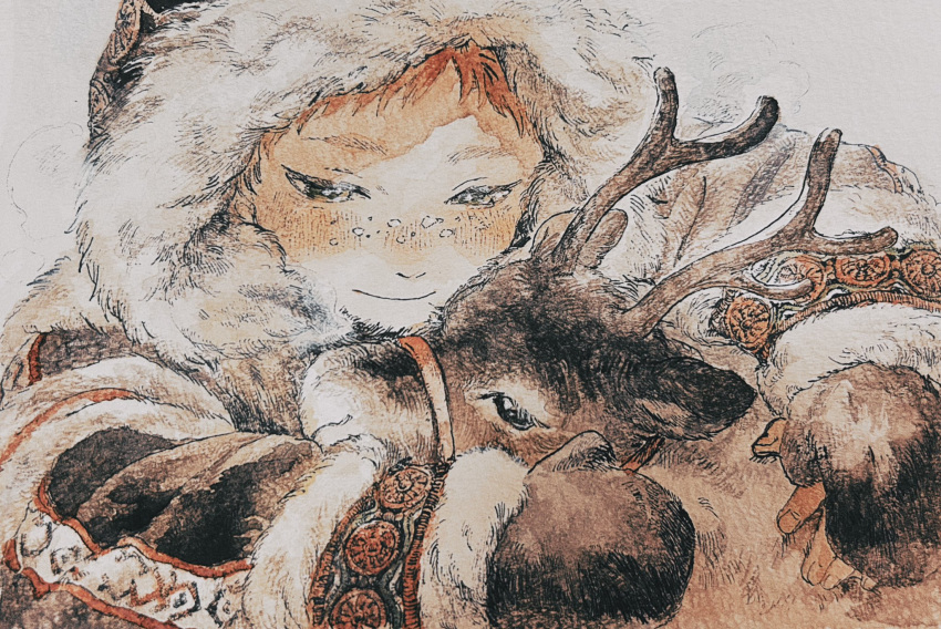 1boy, aged_down, animal_hug, blush, breath, child, closed_mouth, freckles, fur-trimmed_hood, fur_trim, highres, hood, hood_up, ignat_no_hanayome, long_sleeves, looking_at_animal, looking_at_viewer, male_focus, mame_(mmgamegg), mittens, redhead, reindeer, short_hair, smile, traditional_media, upper_body, white_background, winter_clothes