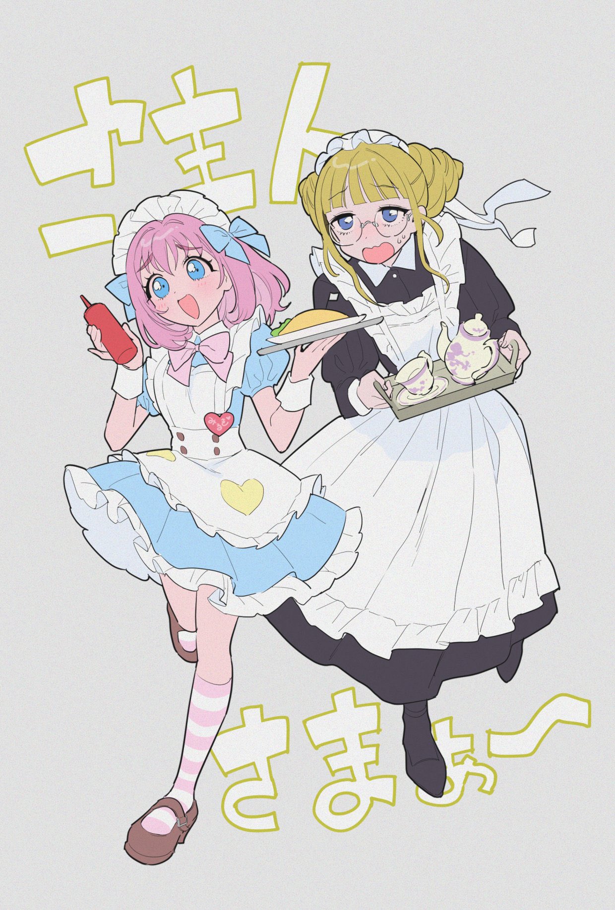 2girls, :d, alternate_costume, amauri_miruki, apron, black_dress, black_footwear, blonde_hair