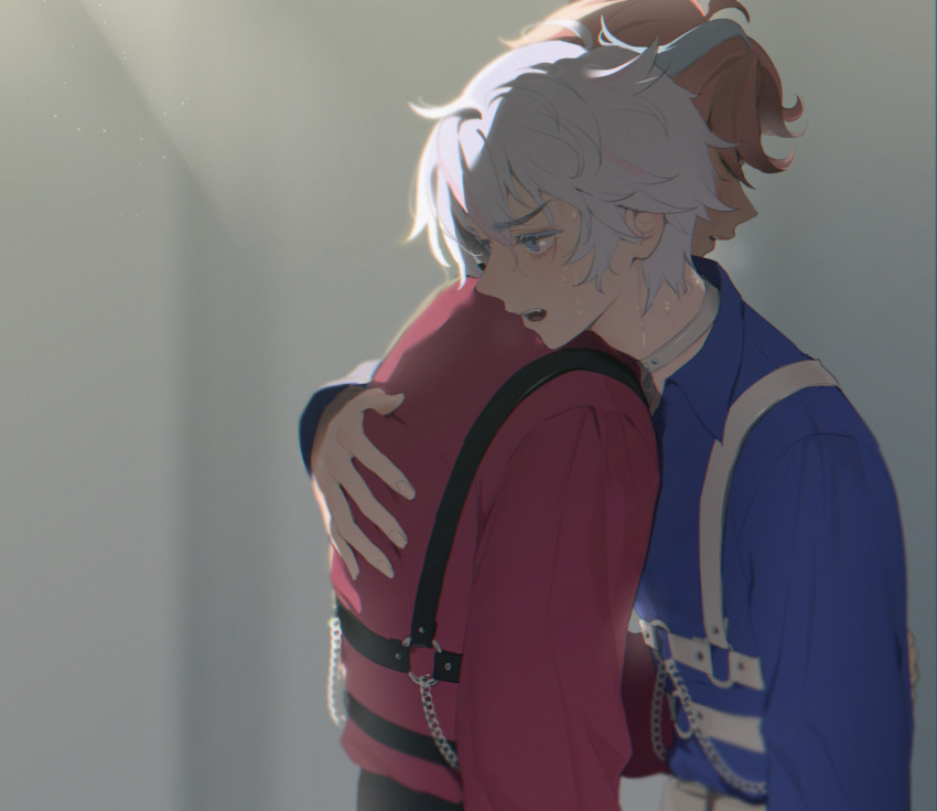 2boys, backlighting, blue_eyes, blue_shirt, breath, chain, chest_harness, choker