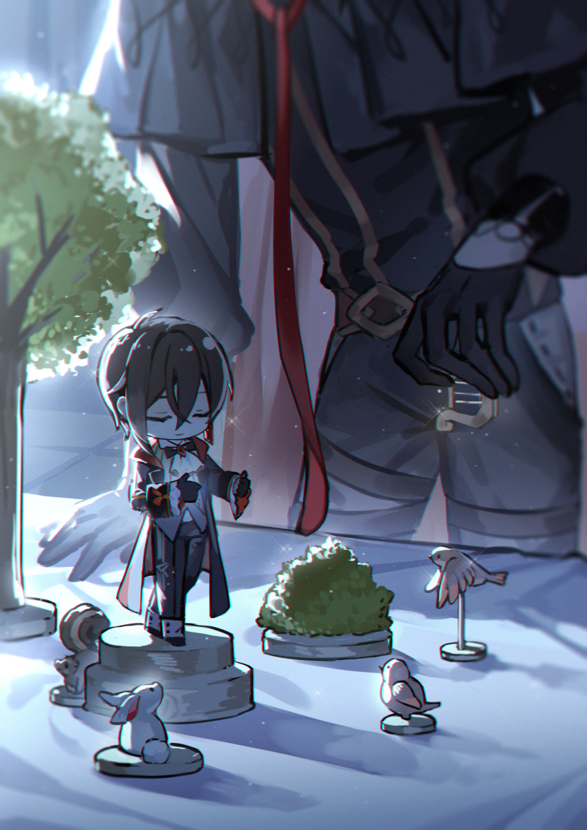 1boy, absurdres, arm_support, ayn_(for_all_time), belt, bird, black_cloak, black_gloves, black_hair, black_pants, black_shirt, cloak, closed_eyes, cowboy_shot, figure, figure_stage, for_all_time, gloves, hair_between_eyes, head_out_of_frame, highres, holding, holding_instrument, instrument, kazenemuri, leaning_forward, light_particles, long_sleeves, lyre, male_focus, necktie, object_focus, pants, red_necktie, shirt, short_hair, solo, standing, table, tablecloth, thigh_strap, toy, toy_bird, tree