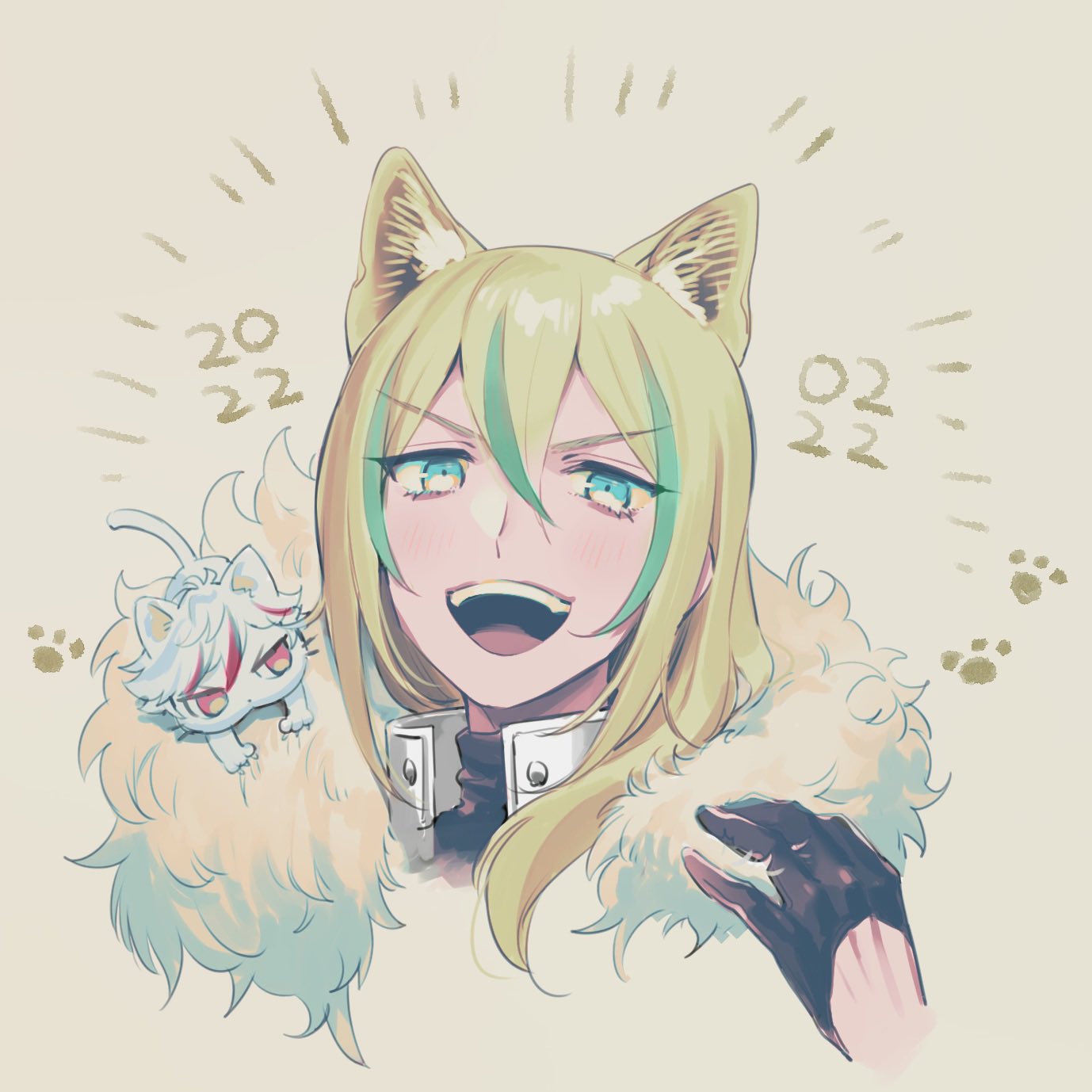 1boy, :d, animal_ear_fluff, animal_ears, animalization, black_gloves, blonde_hair, cat