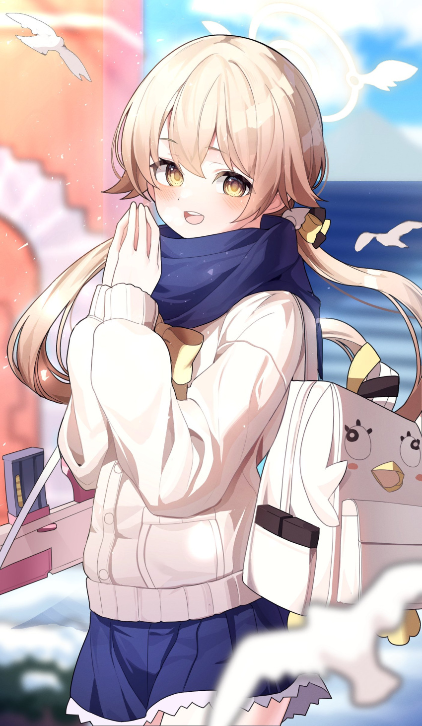 1girl, absurdres, bird, blonde_hair, blue_archive, blue_scarf, blue_skirt, blurry