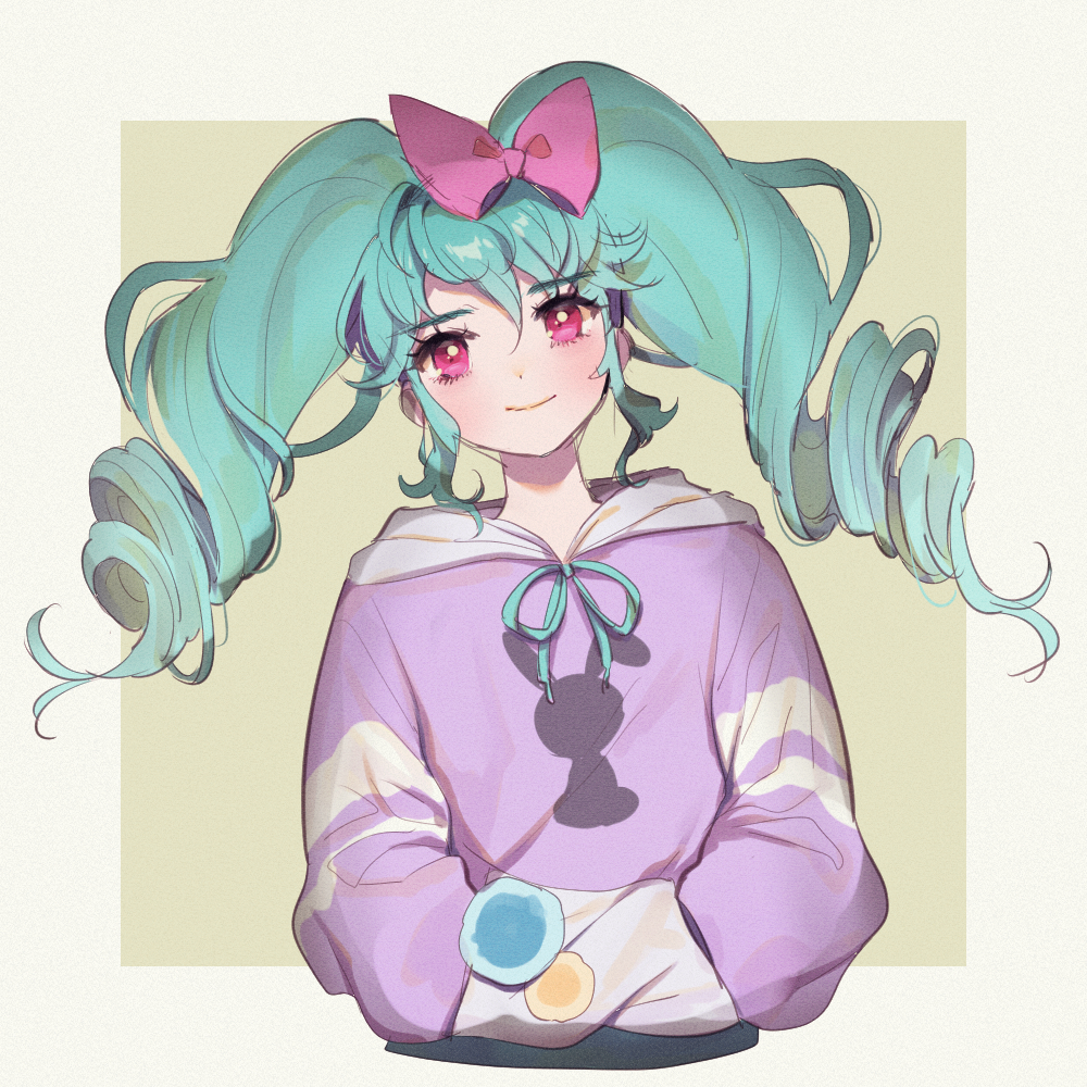 1girl, animal_print, blue_hair, blush, bow, closed_mouth, drill_hair, hair_between_eyes