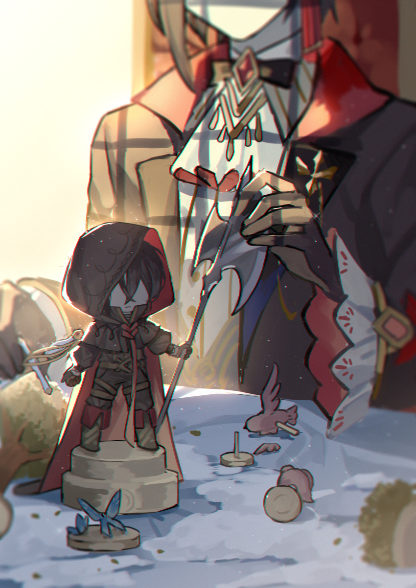 1boy, absurdres, ascot, axe, ayn_(for_all_time), bird, black_bow, black_bowtie