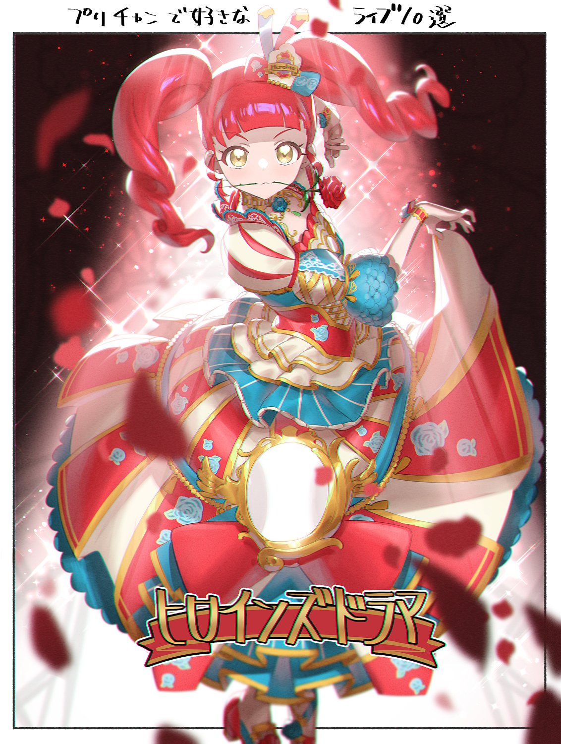 1girl, akagi_anna, blunt_bangs, closed_mouth, commentary_request, dancing, dress, falling_petals