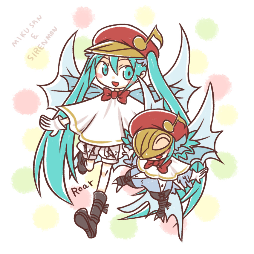1girl, black_footwear, blue_eyes, blue_hair, blush_stickers, bow, capelet, character_name