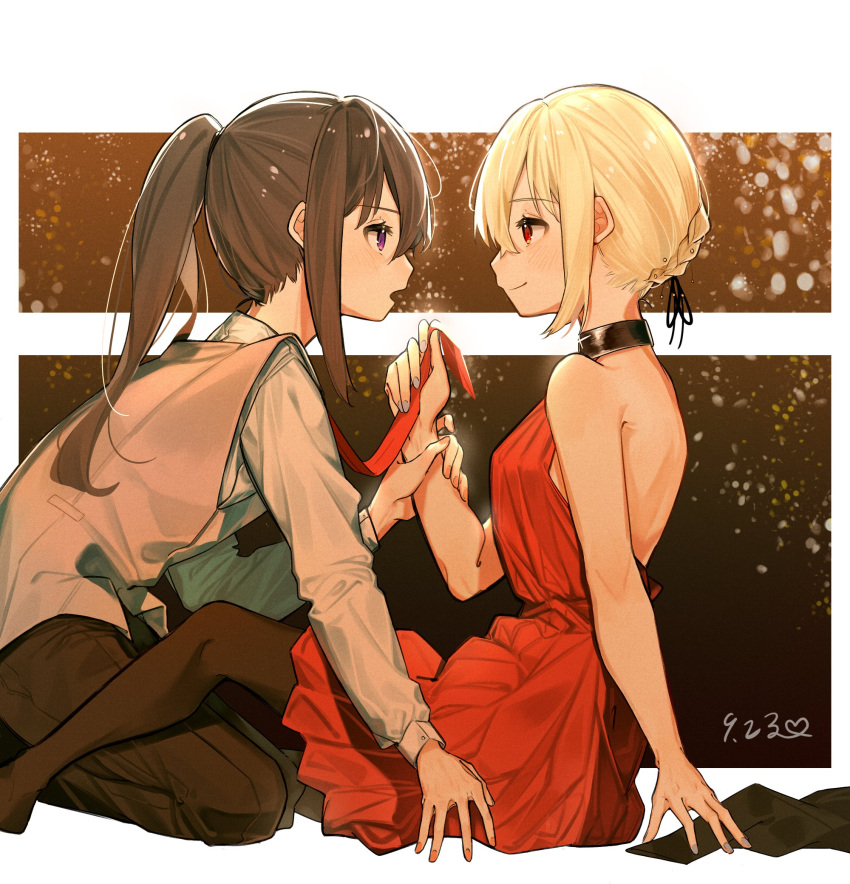 2girls, arm_support, bare_shoulders, black_hair, black_pants, black_pantyhose, black_ribbon, blonde_hair, blue_nails, blush, chinese_commentary, closed_mouth, commentary_request, dated, dkl_(dinosaurkl2), dress, eye_contact, grey_shirt, grey_vest, hair_between_eyes, highres, holding_another's_wrist, inoue_takina, long_hair, long_sleeves, looking_at_another, lycoris_recoil, multiple_girls, nail_polish, necktie, necktie_grab, neckwear_grab, nishikigi_chisato, official_alternate_costume, open_mouth, pants, pantyhose, ponytail, red_dress, red_eyes, red_necktie, ribbon, shirt, short_hair, sidelocks, sleeveless, sleeveless_dress, vest, violet_eyes, yuri