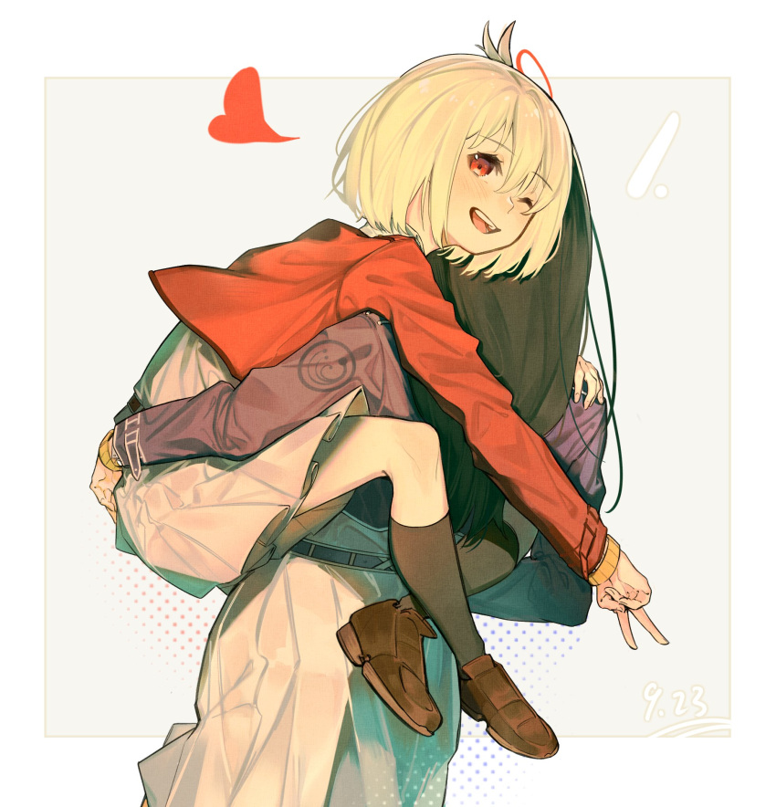 2girls, belt, black_hair, black_socks, blonde_hair, blue_belt, blue_dress, blush, bob_cut, border, brown_footwear, carrying, carrying_person, chinese_commentary, commentary_request, dated, dkl_(dinosaurkl2), dress, grey_dress, hair_between_eyes, hair_ribbon, heart, highres, hug, inoue_takina, kneehighs, loafers, long_hair, long_sleeves, looking_at_viewer, lycoris_recoil, lycoris_uniform, multiple_girls, nishikigi_chisato, one_eye_closed, one_side_up, open_mouth, outside_border, pleated_dress, red_dress, red_eyes, red_ribbon, ribbon, shoes, short_hair, socks, teeth, two-tone_dress, upper_teeth_only, v, white_border, yuri