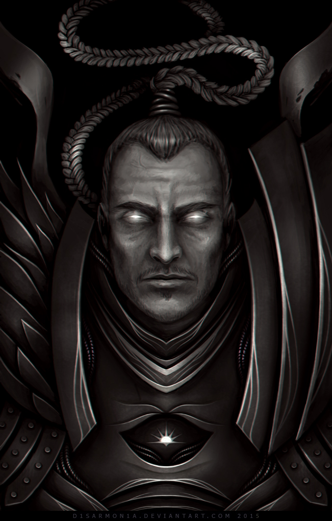 1boy, armor, black_background, braid, braided_ponytail, breastplate, commentary, deviantart_username, english_commentary, facial_hair, glowing, glowing_eyes, greyscale, gwalchavad, long_hair, looking_at_viewer, lost_primarch, monochrome, pauldrons, power_armor, primarch, shoulder_armor, simple_background, solo, veronica_anrathi, very_long_hair, warhammer_40k, web_address, white_eyes